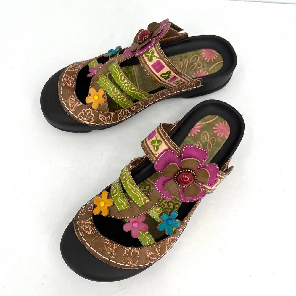 Elite by Corkys women’s leather florals adjustable strap mules clogs sandals